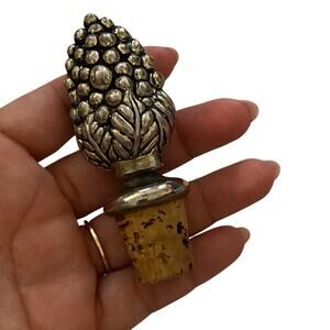 Vintage Wine Cork Bottle Stopper Metal Pewter Grape Handle Top 3.5" Tall